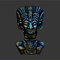 Intricate Mythical God Sculpture Carving With Blue Gold Headdress And Detailed Facial Features