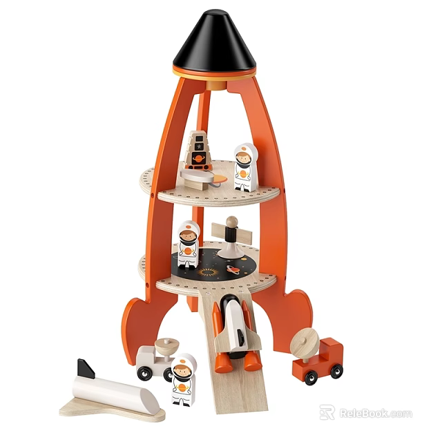 Wooden Rocket Shaped Toy Set With Astronaut Figures And Accessories 3d model 