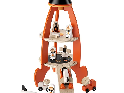 Wooden Rocket Shaped Toy Set With Astronaut Figures And Accessories 3d model