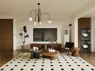 Warm Neutral Vintage Open Plan Living And Dining Room Interior With Chic Natural Wood Furnishings 3d model