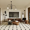 Warm Neutral Vintage Open Plan Living And Dining Room Interior With Chic Natural Wood Furnishings
