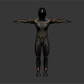 Game Movie Character In Black Bodysuit With Yellow Lines Helmet Standing Arms Outstretched