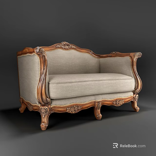 Classic Double Sofa With Carved Wooden Frame Light Gray Fabric Cushion And Decorative Legs 3d model 