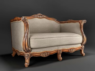 Classic Double Sofa With Carved Wooden Frame Light Gray Fabric Cushion And Decorative Legs 3d model