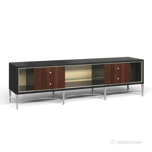 Modern Wooden Dresser With Black Panel Glass Doors Drawers And Metal Legs 3d model 