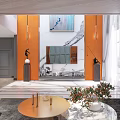 Duplex Living Room Interior Design With Modern Sofa Orange Accents Marble Wall And Pendant Lights