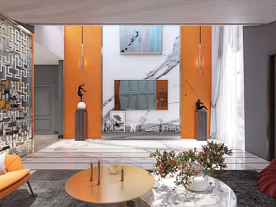 Duplex Living Room Interior Design With Modern Sofa Orange Accents Marble Wall And Pendant Lights 3d model