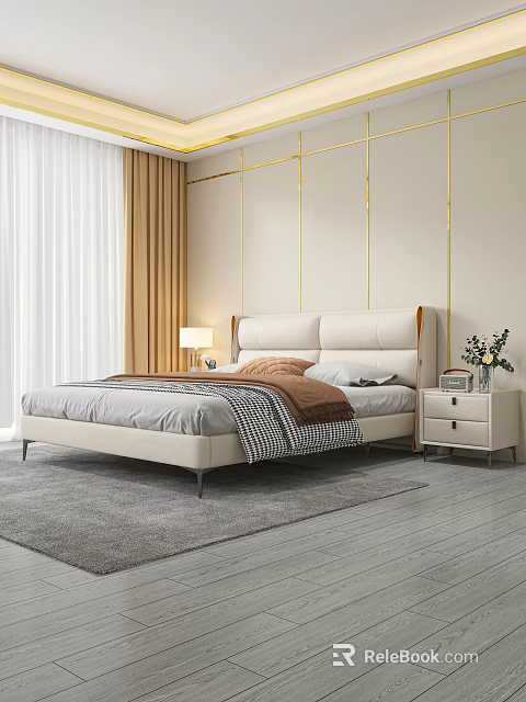 Modern Elegant Bedroom Interior With White Leather Headboard Gold Line Wall Decor And Gray Rug 3d model 
