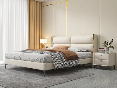 Modern Elegant Bedroom Interior With White Leather Headboard Gold Line Wall Decor And Gray Rug 3d model