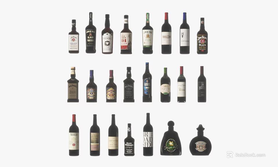 Collection of Stylish Glass Cups with Various Wine Bottles 3d model 