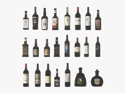 Collection of Stylish Glass Cups with Various Wine Bottles 3d model