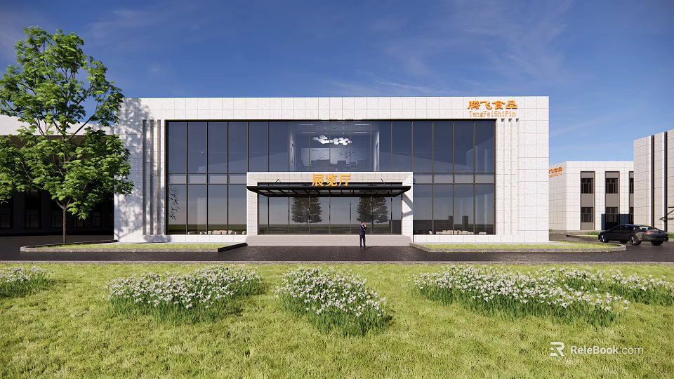 Modern Industrial Factory Building With Large Glass Curtain Walls Lawn And White Flowers 3d model 