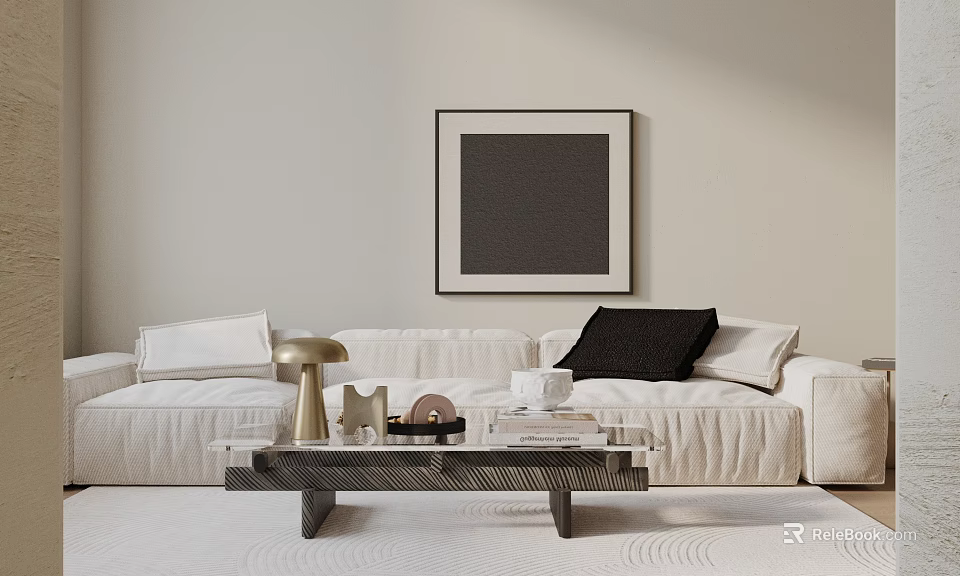 Modern Minimalist Sofa Coffee Table Set Featuring White Sofa Black Cushions And Glass Top 3d model 