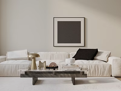 Modern Minimalist Sofa Coffee Table Set Featuring White Sofa Black Cushions And Glass Top 3d model