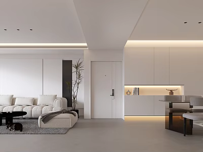 Modern Living and Dining Room Interior With White Sofa Coffee Table Plant and Built-in Cabinets 3d model