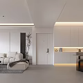 Modern Living and Dining Room Interior With White Sofa Coffee Table Plant and Built-in Cabinets