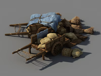 Vintage Wooden Cart Loaded With Hay Bales Sacks Crates And Blue Cloth 3d model
