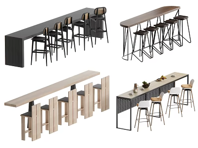 Modern Bar Counter Interior Designs With Wooden Tops Metal Frames And Stools 3d model