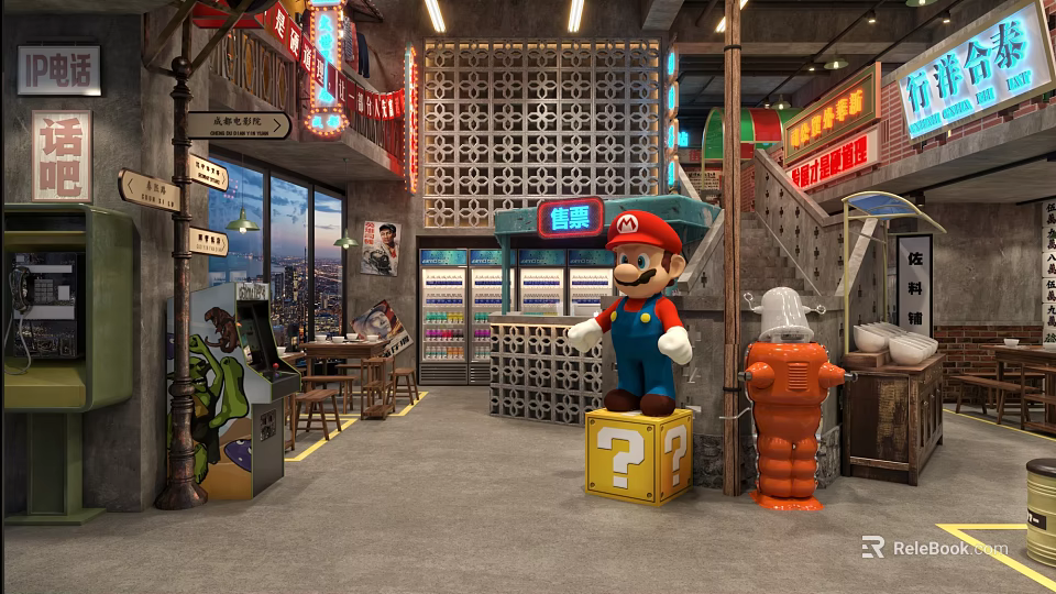 Fun Mario Themed Restaurant Interior With Question Mark Block Neon Signs And City Night View 3d model 