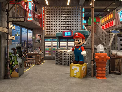 Fun Mario Themed Restaurant Interior With Question Mark Block Neon Signs And City Night View 3d model