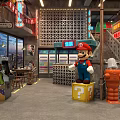 Fun Mario Themed Restaurant Interior With Question Mark Block Neon Signs And City Night View