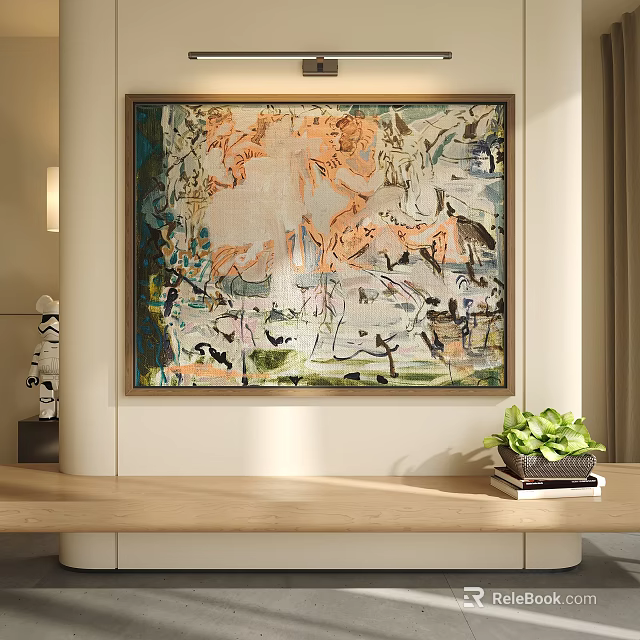 Colorful Landscape Painting In Modern Interior With Plant And Sculpture 3d model 