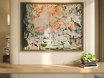 Colorful Landscape Painting In Modern Interior With Plant And Sculpture 3d model