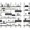 Modern Open Bookshelves Featuring Multiple Layers With Books Decorative Items Trophies And Small Plants