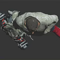 Man in Gray Hoodie Blue Jeans Red Shoes Holding Patterned Backpack Against Gray Black Background