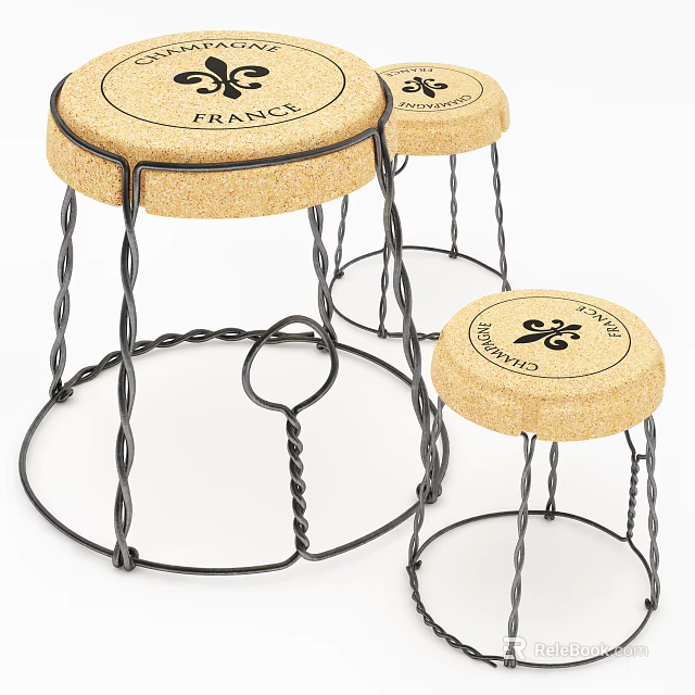 Three Round Cork Stools With France Logo And Black Metal Spiral Legs 3d model 