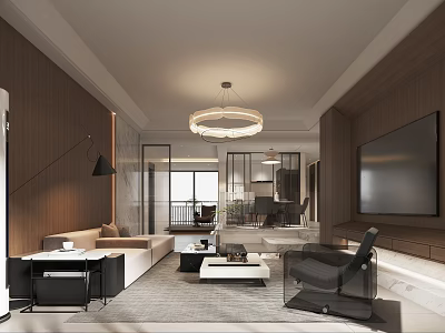 Modern Living Room Interior With Wooden Walls Chandelier Sofa Coffee Table And TV 3d model