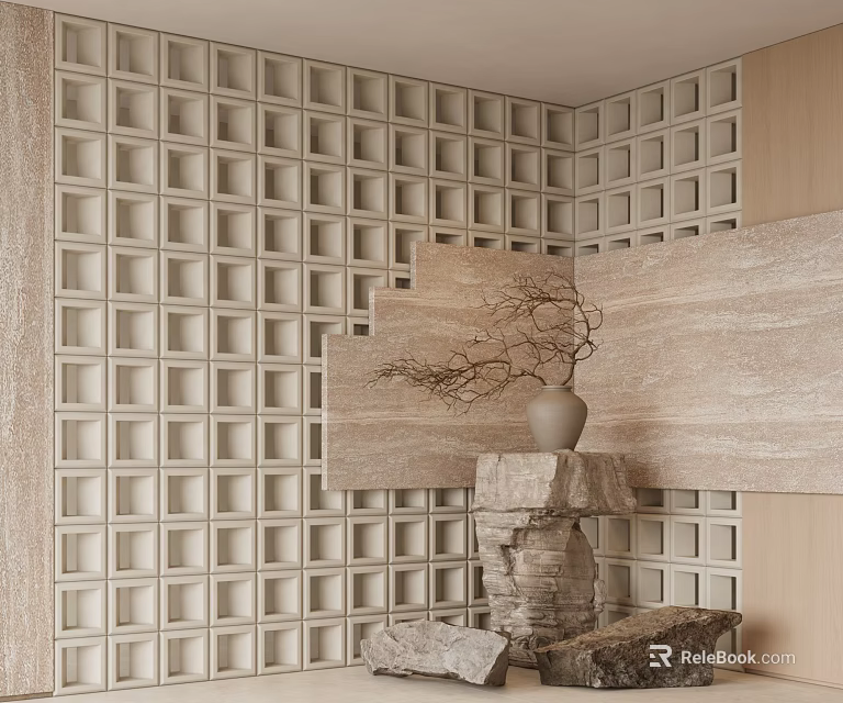 Reception Background Wall With Grid Texture Stone Decoration And Dried Branch Vase 3d model