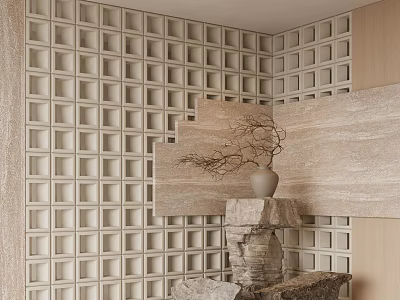 Reception Background Wall With Grid Texture Stone Decoration And Dried Branch Vase 3d model