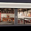 Stylish Modern Restaurant Interior With Red Frames White Brick Wall And Wooden Counter