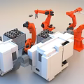 Industrial Equipment With Robotic Arms And Material Blocks In Production Line