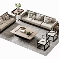 Modern Living Room Sofa Coffee Table Set With Cushions Wooden Table And Green Plant
