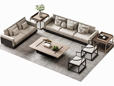 Modern Living Room Sofa Coffee Table Set With Cushions Wooden Table And Green Plant 3d model