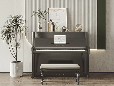 Black Piano with Sheet Music Bench Decorative Painting Potted Plant and Vase in Artistic Room 3d model