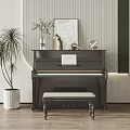 Black Piano with Sheet Music Bench Decorative Painting Potted Plant and Vase in Artistic Room