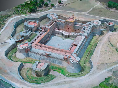 Historic Castle Aerial View With Fortified Walls Towers And Central Courtyard 3d model