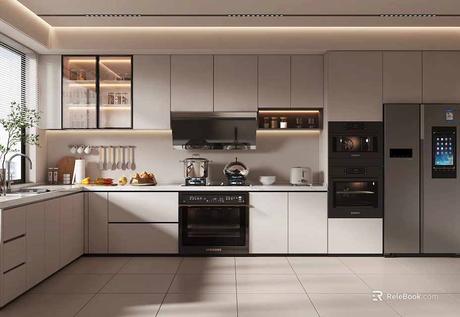 Modern Kitchen Interior With White Cabinets Black Appliances And Strip Lighting 3d model 
