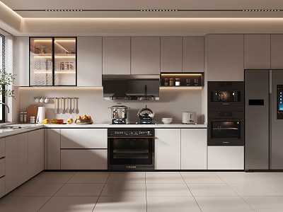Modern Kitchen Interior With White Cabinets Black Appliances And Strip Lighting 3d model