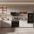 Modern Kitchen Interior With White Cabinets Black Appliances And Strip Lighting
