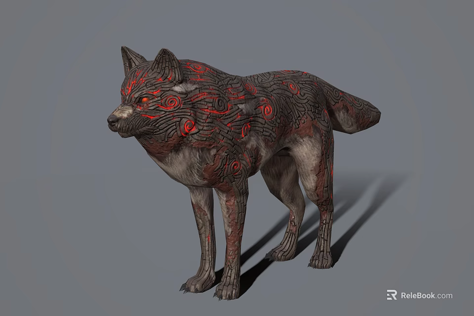 Mystical Wolf Character With Red Intricate Patterns On Fur 3D Model Design 3d model