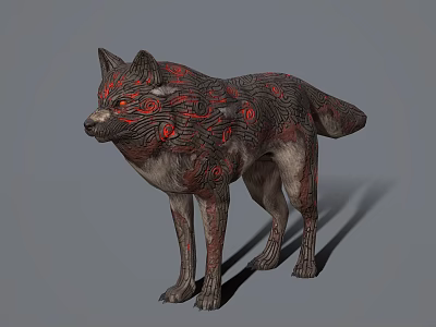 Mystical Wolf Character With Red Intricate Patterns On Fur 3D Model Design 3d model