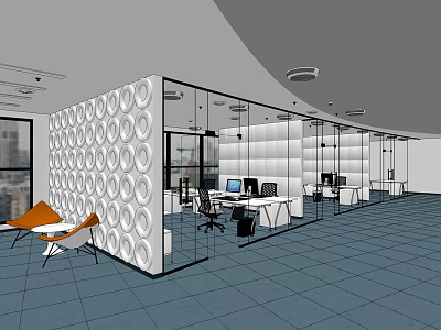 Modern Public Office Space with Glass Partitions White Circular Walls Desks Computers Blue Floor 3d model