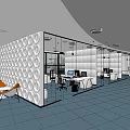 Modern Public Office Space with Glass Partitions White Circular Walls Desks Computers Blue Floor