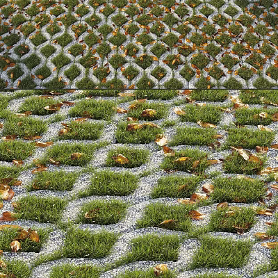 Green Grass Grid Pattern Garden Landscape With Pebbles And Fallen Leaves 3d model