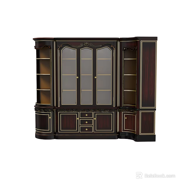 Classic Wooden Bookcase With Dark Finish Gold Accents Glass Door Cabinets And Open Storage Shelves 3d model 