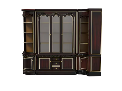 Classic Wooden Bookcase With Dark Finish Gold Accents Glass Door Cabinets And Open Storage Shelves 3d model